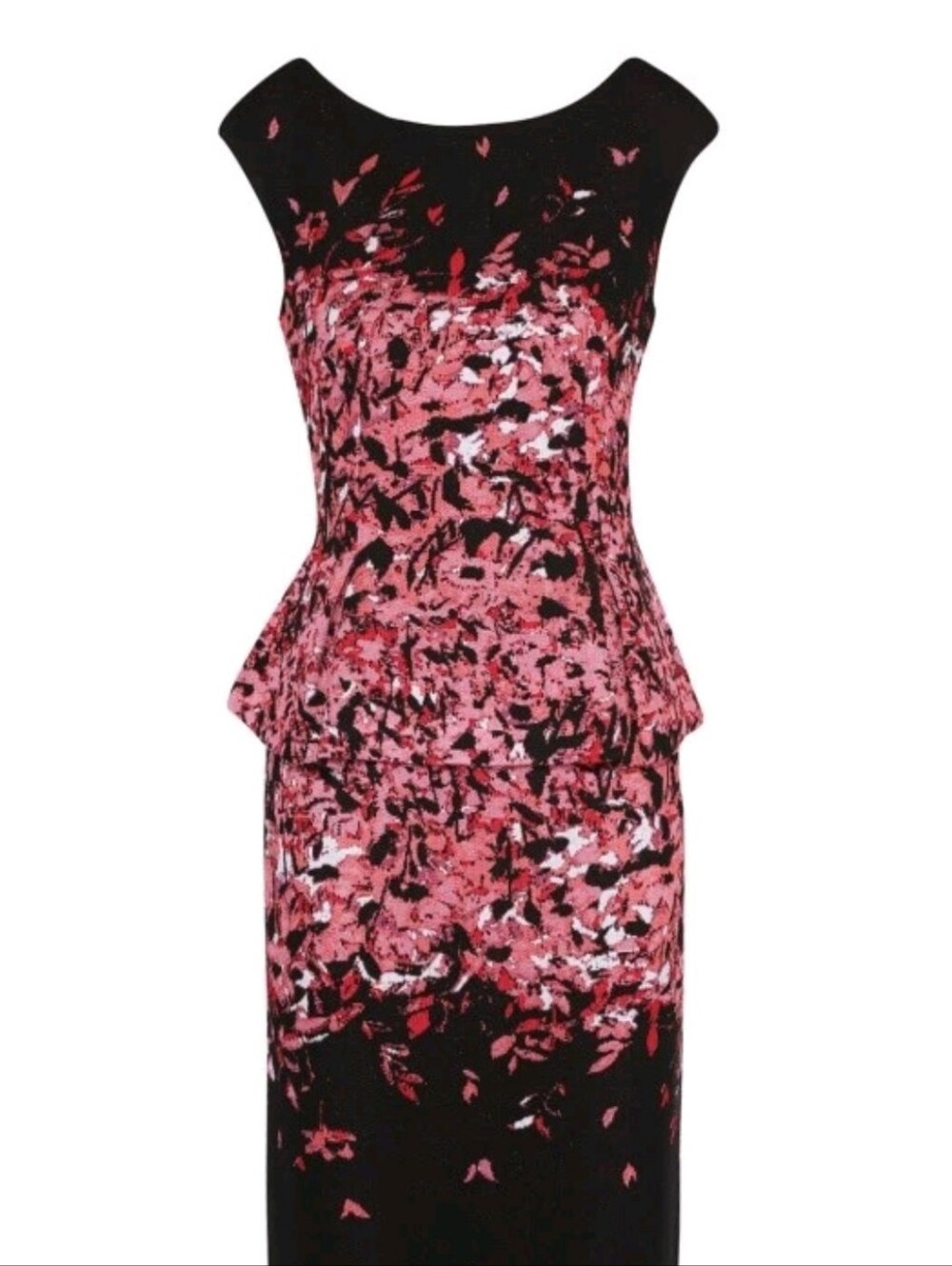 St. John Peplum Dress Womens Size 16 Black Pink Flamingo Degrade Floral Jacquard